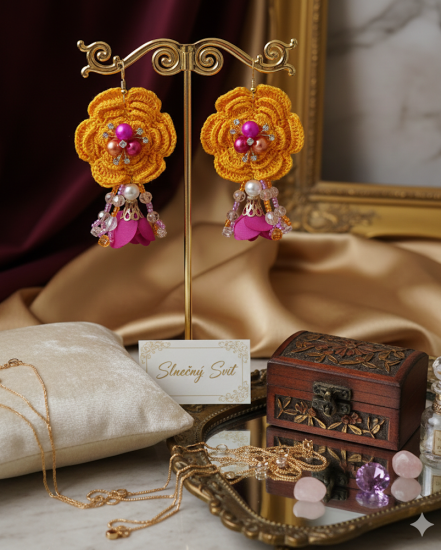 Háčkované  dizajnové náušnice "Slnečný Svit"